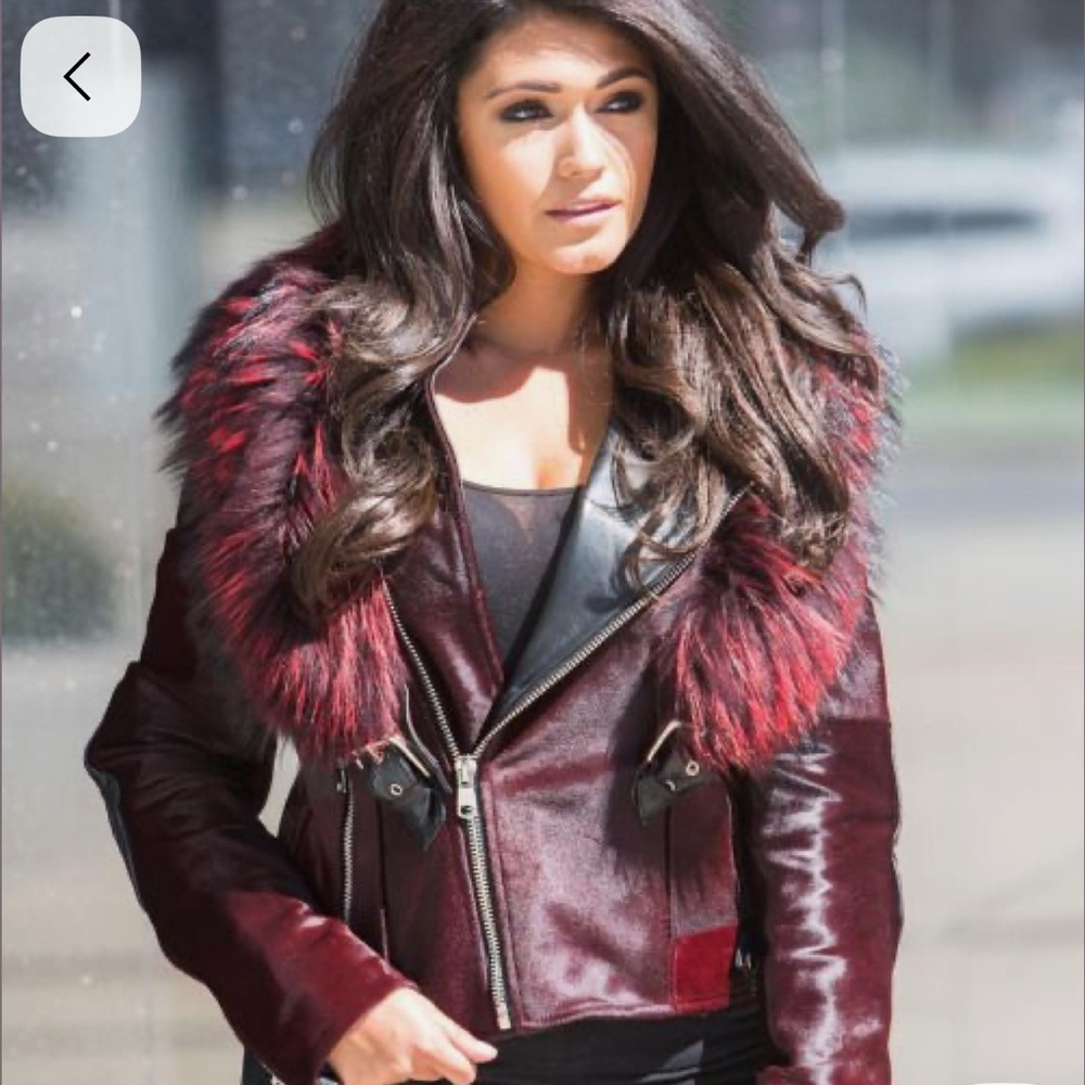 Luxurious Burgundy Leather Jacket with Faux Fur by